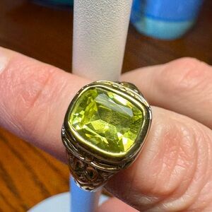John Medeiros Green CZ Ring Size 7 Two Tone Gold Silver Statement Cocktail Ring